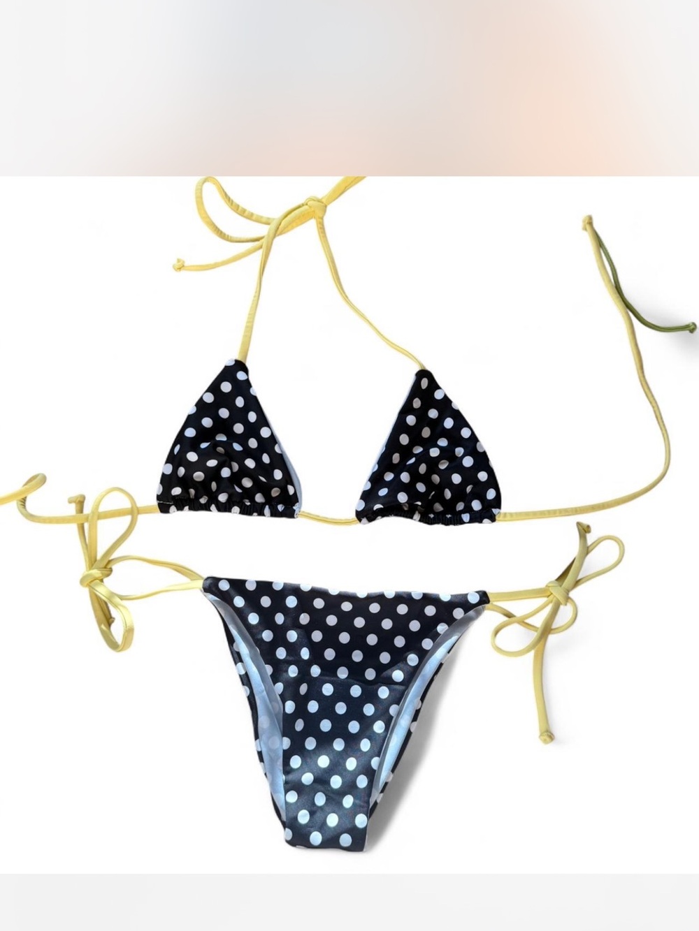 Polka Dot Triangle Tie Bikini - Black & White with Yellow Ties